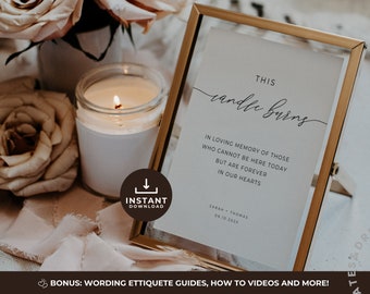 May include: A printable sign in a gold frame with the text "This candle burns in loving memory of those who cannot be here today but are forever in our hearts." The sign is on a table with a lit candle and flowers.
