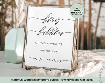 Señal de envío de burbujas para boda, envío de bodas, soplar burbujas de buenos deseos para el nuevo señor y señora, plantilla de Canva editable minimalista