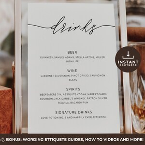 Wedding Reception Drink Menu, Bar Template Canva, Minimalist Modern Printable Signature Drinks Bar Menu, Editable Canva Template