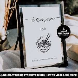 Letrero de bar de ramen, letrero de comida de ramen, menú de comida moderno y editable, letrero de comida para bodas de Asia Oriental, boda moderna minimalista, plantilla editable de Canva