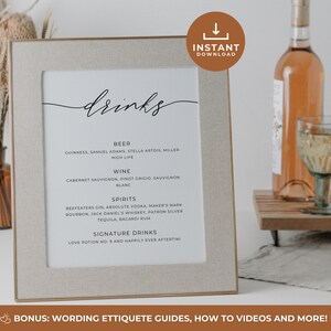 Bar Drink Menu Personalized, Minimalist Printable Bar Menu Wedding Template, Printable Signature Drinks Menu, Editable Canva Template
