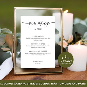 Smores Bar Wedding Sign, Minimalistic S&#39;More Menu Sign Editable Template on Canva for DIY Brides for all Wedding Themes