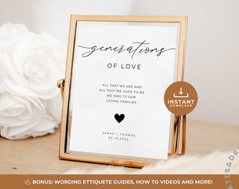 Op de afbeelding: Een printbaar bord met de tekst "generations of love" en de quote "All that we are and all that we hope to be we owe to our loving families." Het bord bevat ook de namen "Sarah + Thomas" en de datum "09.10.202X".
