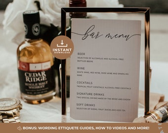 Bar Menu Sign DIY, Modern Minimalist Wedding Bar Menu Template, Editable Drinks Menu Wedding, Editable Template on Canva