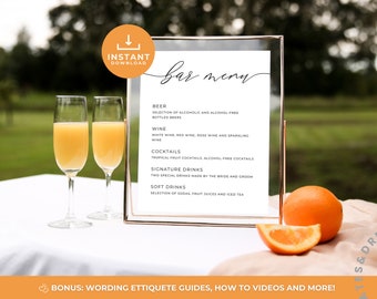 Letrero de bebida exclusivo con menú de bar Canva, letrero de menú de bar DIY, plantilla de menú de bar de bodas minimalista moderno, plantilla de Canva editable