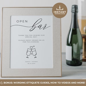 Open Bar Sign Print, Alcohol Drink Bar Sign, The Drinks Are On Us, Minimalist Sign Wedding Template, Wedding Sign Template for DIY Brides
