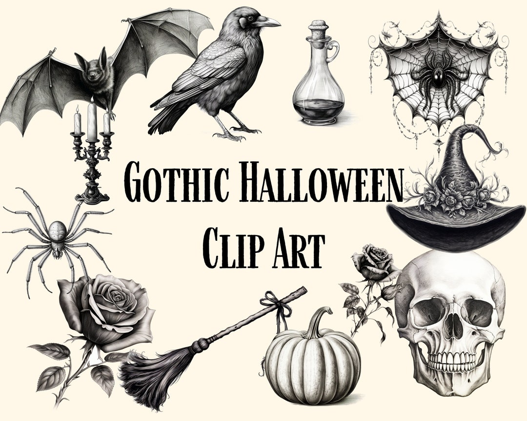 Vintage Gothic Halloween Clip Art, Halloween PNG, Watercolor Clip Art