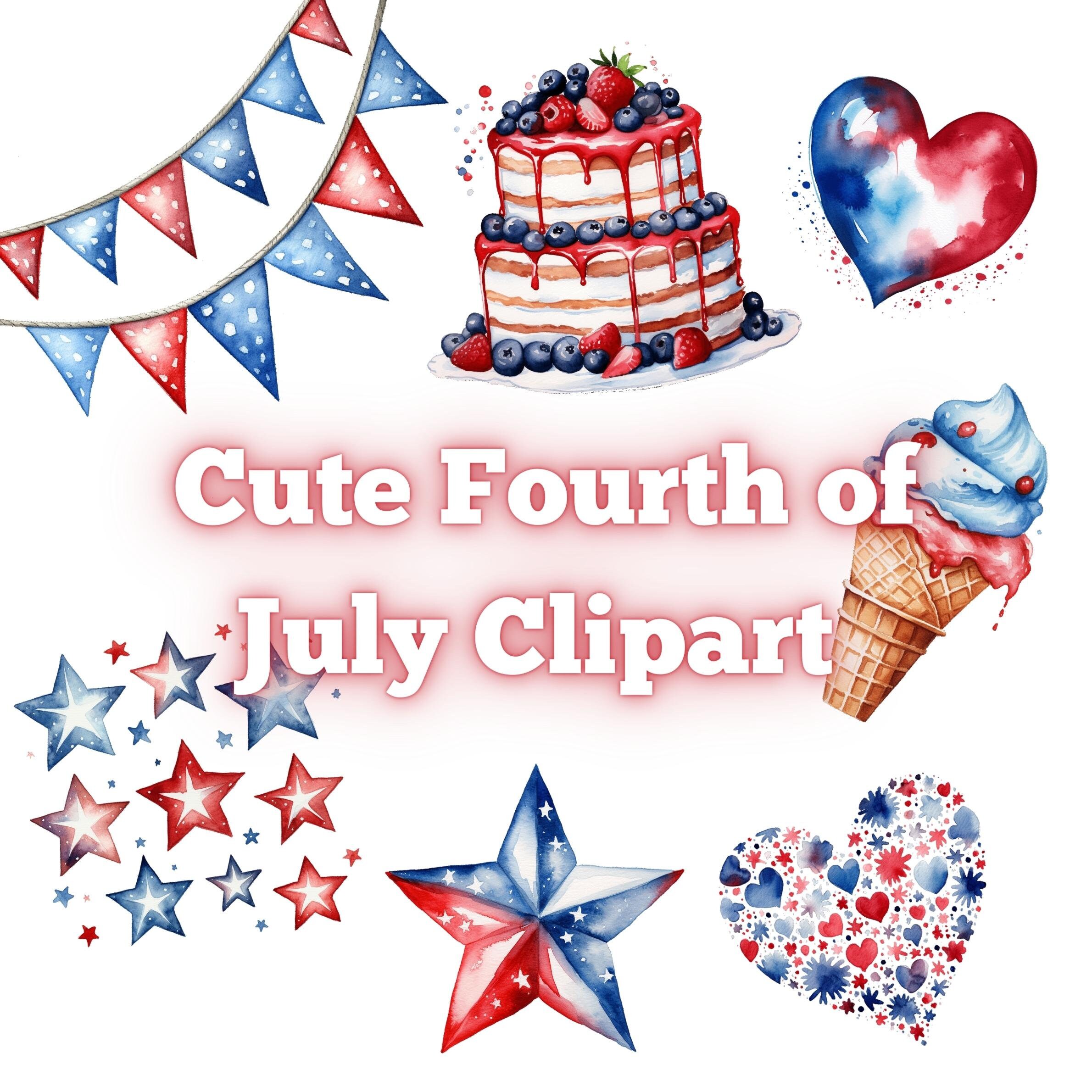 Cute 4th of July Clip Art, Watercolor Clip Art, Fourth of July Clip Art ...