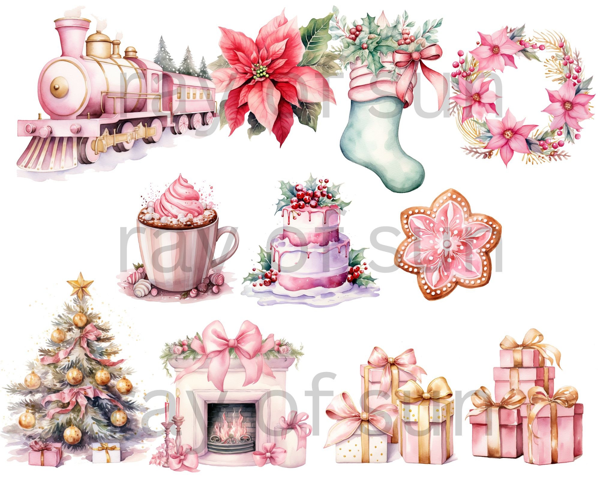 Pink Christmas Clip Art Expanded Pack Watercolor Holiday - Etsy