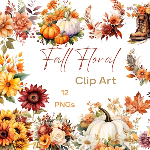 Fall Floral Clipart, Autumn Watercolor Clipart, Pumpkin PNG, Sunflower PNG, Fall PNG, October Clip Art, Pumpkin Download, Fall Wedding