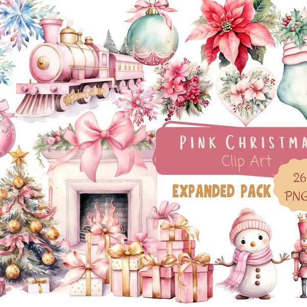 Pink Christmas Clip Art, Expanded Pack, Aquarel Holiday Clip Art, Christmas PNG, Feestelijke Clip Art, Winter Download