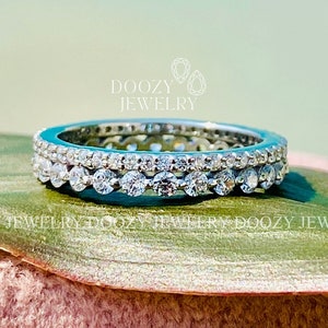 2.0 MM Round Cut Moissanite Full Eternity Band, Minimalist Bridal Matching Band, Double Vintage Stacking Band, Daily Wear Ring For Her