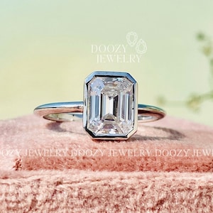 2 CT Emerald Cut Bezel Moissanite Solitaire Ring, Solid White Gold Engagement Ring, Bezel Setting Statement Ring, Gift For Her, Ring For Her