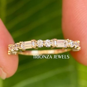 Moissanite Wedding Band: Baguette & Round, Yellow Gold Half Eternity