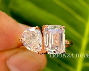 Pear And Emerald Cut Moissanite Engagement Ring / 14K Solid Gold Yellow Emerald Moissanite Toi Et Moi Ring, you and me ring, Two Stone Ring