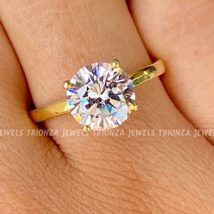 Round Engagement Ring in 14k Solid Gold, 2 CT Moissanite Engagement Rings / 4-Prong Solitaire Moissanite Ring / Gold Promise Ring For Her