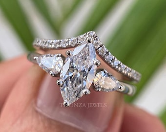 2ct Marquise Moissanite Engagement Ring Set, Marquise Diamond Wedding Ring Set, Promise Ring for Woman, 14K Solid Gold Anniversary Gift