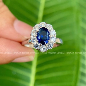 14k Solid Gold Sapphire Oval Solitaire Ring, Blue Sapphire Moissanite Engagement Ring, September Birthstone Ring, Blue Oval Halo Set Ring