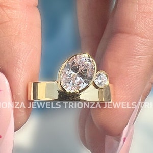 Oval and Round Cut Engagement Ring For Women - Bezel Set Wedding Ring, Unique Oval Bezel Made Solitaire Ring, 14K Solid Gold Ring