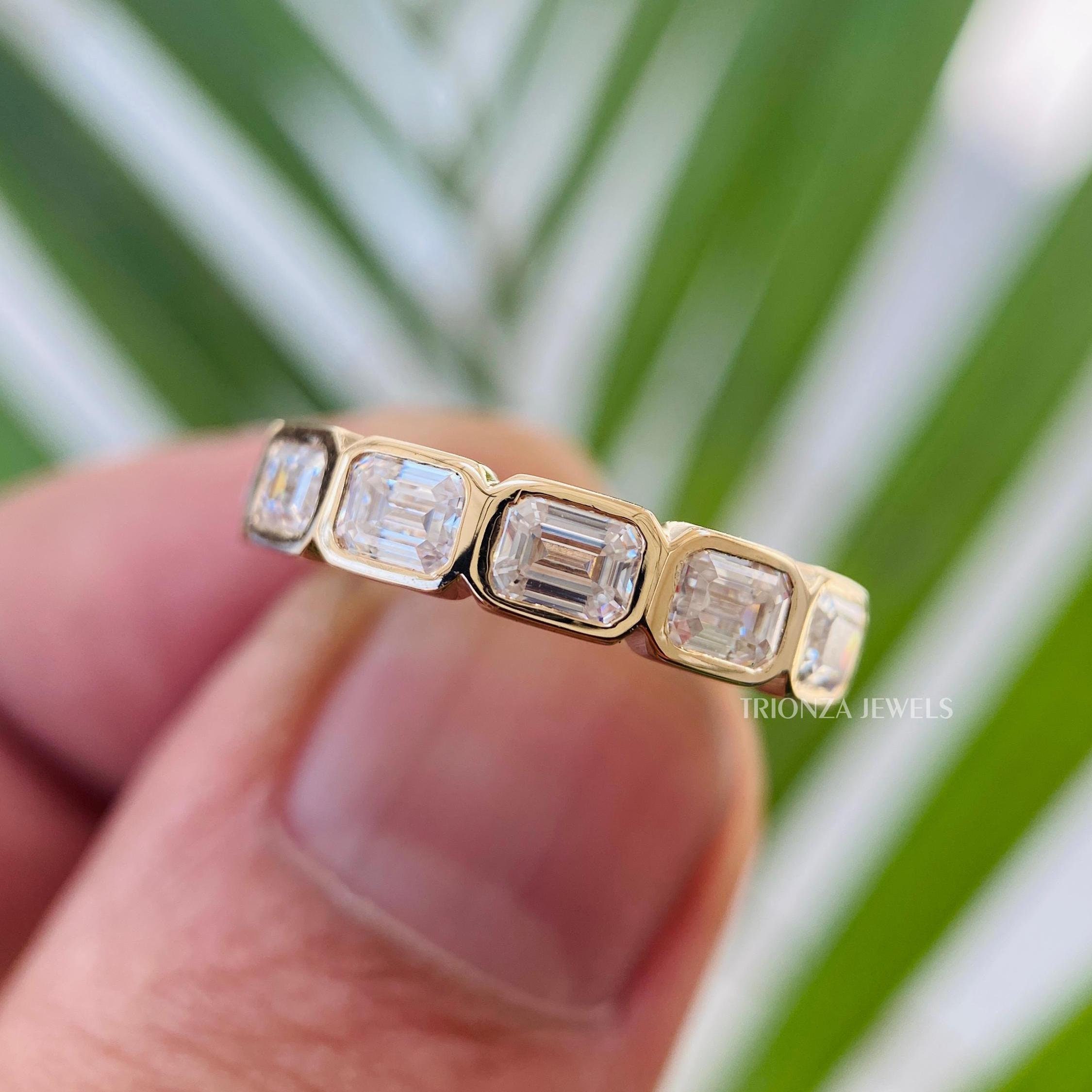 14k Solid Yellow Gold Stacking Band,0.90 TC Emerald Cut Bezel Set Band, Half Eternity East-West Set Matching Band, Emerald Wedding Band