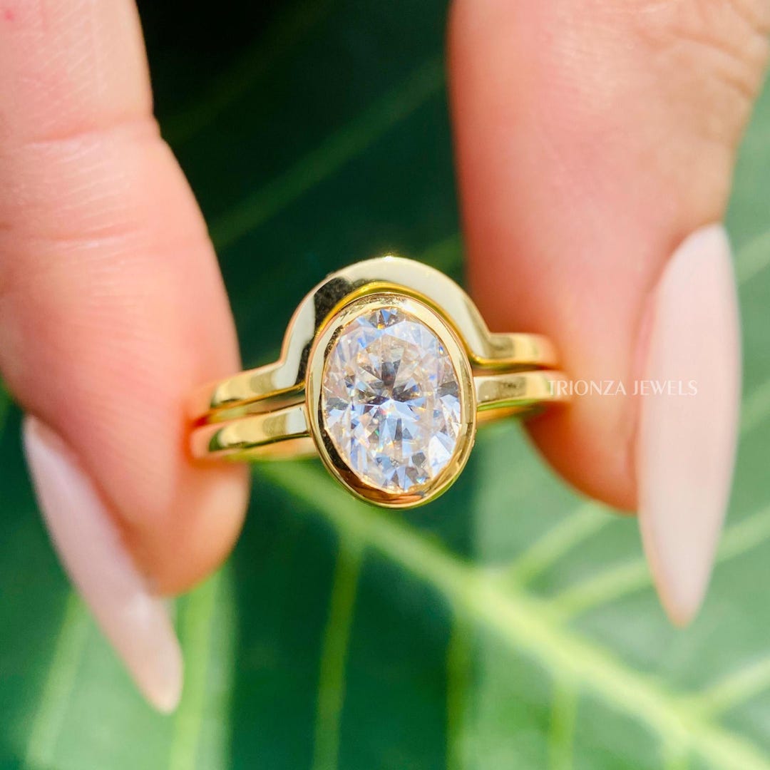2 CT Oval Moissanite Bridal Set, Bezel Set Solitaire Engagement Ring ...