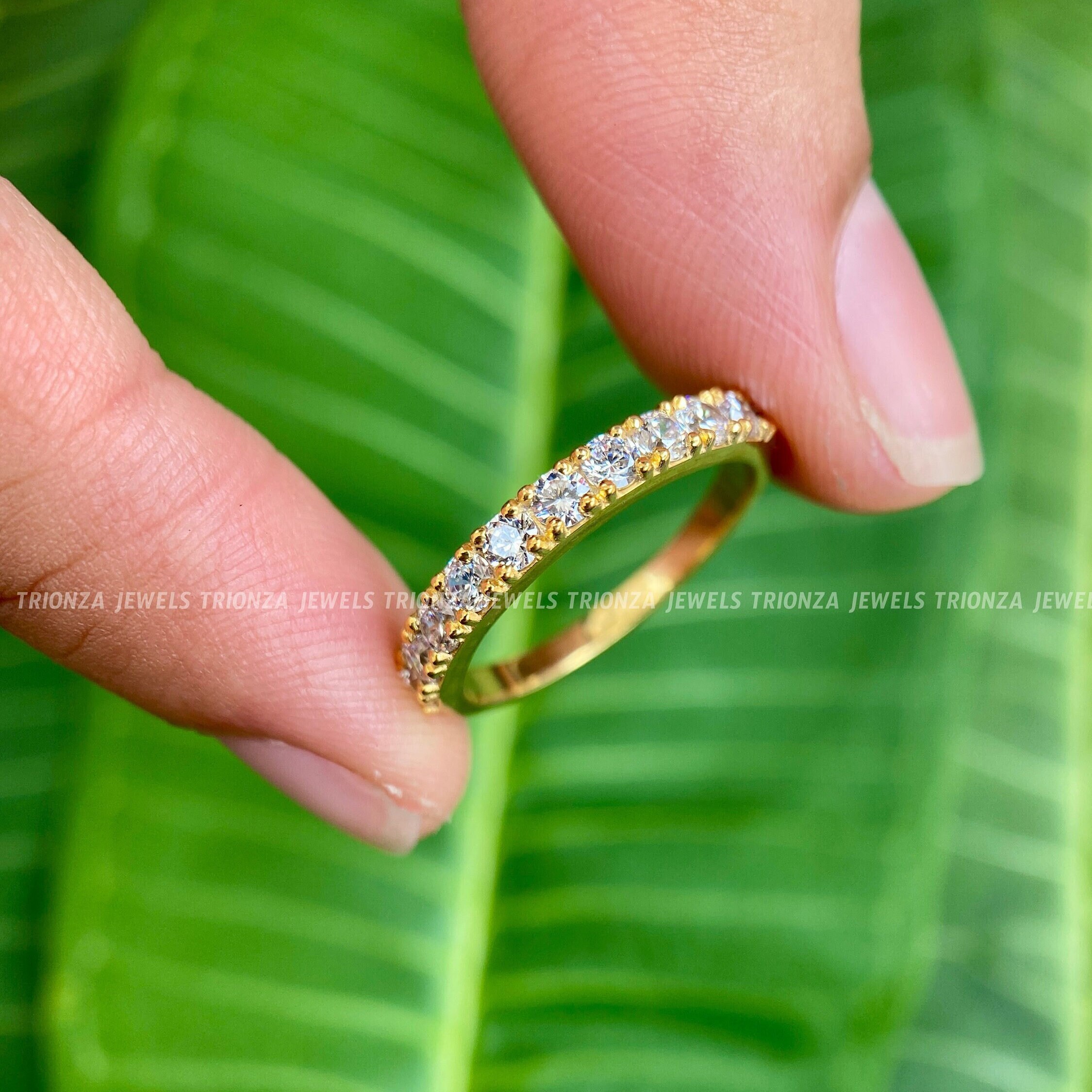 14k Solid Gold Half Eternity Band, Round Cut Moissanite Wedding Ring ...