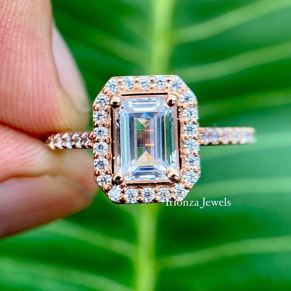 Hidden Halo Emerald Cut Diamond Wedding Ring Gold 14K-18K Gold Unique Rings Hidden Halo Emerald Cut Diamond Ring For Her