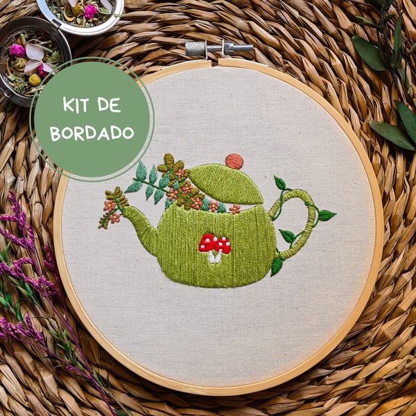 Kit de broderie | Broderie à la main bricolage | En espagnol | THÉIÈRE | Broderie de fleurs | Cerceau de broderie bricolage