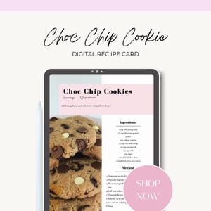 Chocolate chip cookie recipe card, Digital recipe, Recipe cook guide, Instant download, Printable recipe, Instant download recipe