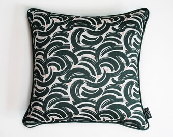 Luxury cushion with feather pad, Arc design in dark green and blush pink, 100% cotton satin, 50 x 50 cm