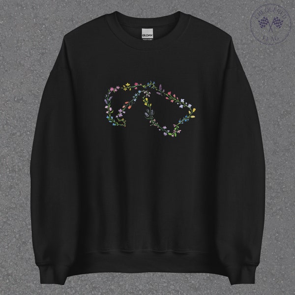 F1 Silverstone Sweatshirt | Floral Track Outline Unisex Jumper in Black | Handmade Painted Flowers in Watercolours