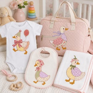 Vintage Goose Embroidery File Set, Cute Girl Goose Applique Design, Cottagecore Bib Onesie Stitch Bundle, Baby Clothes Stitch File