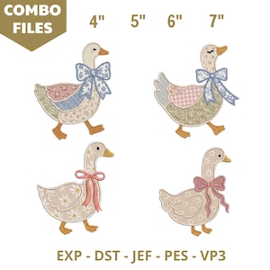 Patchwork Goose Applique Embroidery Files, Quilted Silly Goose Design, Coquette Animal With Bow,  Farm Cottagecore Files, Set of 4 Designs
