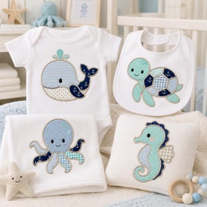 Patchwork Ocean Animal Embroidery Bundle, Whale Turtle Octopus Seahorse Machine Embroidery File, Coastal Theme Stitch Pattern