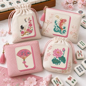 Diseño de bordado de fichas de mahjong, archivo de bordado a máquina de grulla koi sakura de estilo chinoiserie, arte de bordado de inspiración asiática, diseño de bolso bonito
