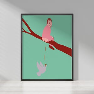 Puede incluir: Una impresión artística enmarcada con una ilustración humorística. Una figura rosa está sentada en una rama roja, con un chorro que cae hacia una paloma. El fondo es de color verde azulado claro.