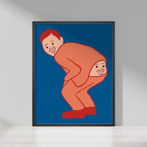Puede incluir: Impresión artística enmarcada con una ilustración caprichosa de dos figuras naranjas, una de las cuales lleva a la otra. Las figuras están sobre un fondo azul vibrante. La obra de arte está en un marco negro, ideal para la decoración de paredes.