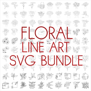 May include: A collection of 100 black and white line art floral SVG designs. The designs include bouquets, single flowers, wreaths, and other floral elements. The text "Floral Line Art SVG Bundle" is in red.