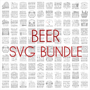 May include: A collection of 60 black and white SVG designs featuring beer-themed quotes and sayings. The designs include phrases like "Beer is a good idea", "Beer season", "I need a beer", and "Save water drink beer".