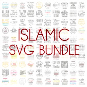 Könnte beinhalten: Ein Bundle mit 50 islamischen SVG-Designs. Die Designs sind kreisförmig mit weißem Hintergrund und schwarzem Text. Der Text enthält islamische Zitate und Sprüche. Die Designs eignen sich perfekt zum Erstellen von T-Shirts, Tassen, Tragetaschen und anderen Bastelarbeiten.