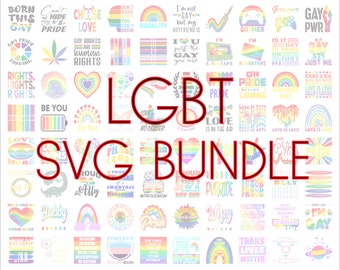 Può includere: Una collezione di 50 design SVG colorati con bandiere arcobaleno dell'orgoglio, cuori e testo relativo all'orgoglio LGBTQ+. I design includono frasi come "L'amore è amore", "Sii te stesso", "I diritti gay sono diritti umani" e "Nato così".