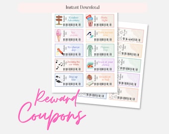 Printable kids rewards coupons, customisable rewards vouchers for children, reward money, chore incentives