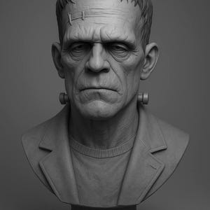 Peut inclure: Buste en niveaux de gris du monstre de Frankenstein. La sculpture présente une représentation détaillée du visage du monstre, avec des points de suture sur le front, des sourcils froncés et une expression sévère. Le buste comprend une veste et une base ronde.