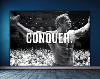 Arnold Schwarzenegger bodybuilding on stage CONQUER Poster, Bodybuilding, Mr. Olympia, Classic, Physique, 80s