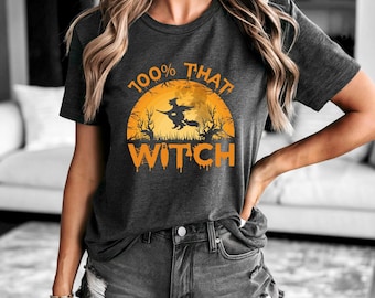 Halloween-T-shirt The Witch, een vliegende heks op een bezem, T-shirt grafische heks