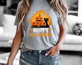 Halloween Tee, Spooky Shirt, Pumpkin T-shirt, Black Cat Halloween Top, Halloween Costume