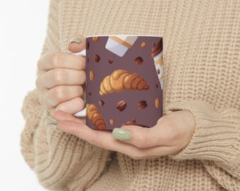 Tazza da caffè in ceramica: design croissant e chicchi di caffè, 11 once