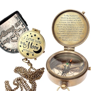 Custom Brass Compass Gift for Husband from Wife–Personalized Antique Compass with Love –Leather Case & Chain–Anniversary or Birthday Gift