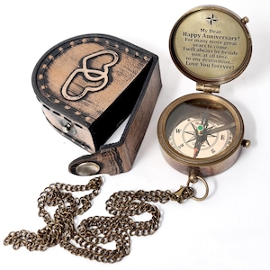Personalized Brass Compass Gift for Husband: Engraved Antique Compass with Leather Case & Chain