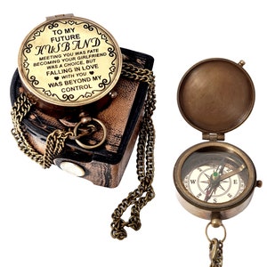 Custom Brass Compass Gift for Husband | Anniversary Gift for Him | Personalized Compass with Leather Case & Chain | Antique Style Keepsake